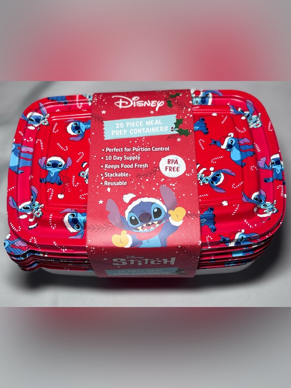 Disney Stitch Santa 20 piece meal prep containers -NEW